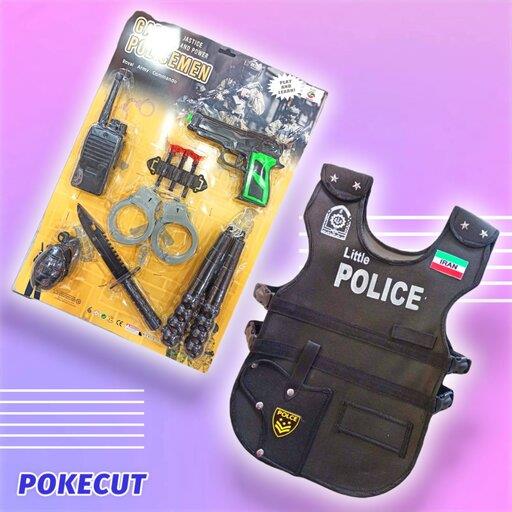 تفنگ اسباب بازی با وسایل ست پلیس و جلیقه یگان ،چاقو،لانچیکو،تیر،نارنجک،بیسیم،بی سیم،دستبند پلیس